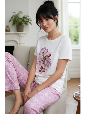 Siyah İnci Ekru Desenli Pamuklu Bisiklet Yaka Örme Pijama Takım
