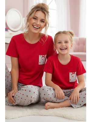 Siyah İnci Kırmızı Desenli Pamuklu Bisiklet Yaka Örme Pijama Takım