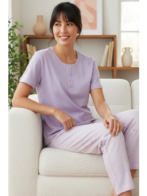 Siyah İnci Lila Desenli Pamuklu Bisiklet Yaka Örme Pijama Takım