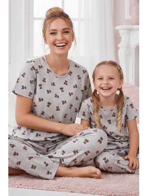 Siyah İnci Gri Desenli Pamuklu Bisiklet Yaka Örme Pijama Takım