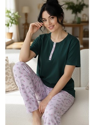 Siyah İnci Yeşil Desenli Pamuklu Bisiklet Yaka Örme Pijama Takım