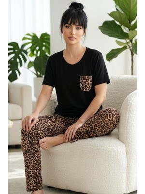 Siyah İnci Siyah Leopar Desenli Pamuklu V Yaka Örme Pijama Takım