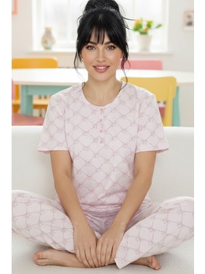 Siyah İnci Pembe Desenli Pamuklu Bisiklet Yaka Örme Pijama Takım