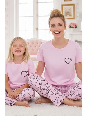 Siyah İnci Pembe Desenli Pamuklu Bisiklet Yaka Örme Pijama Takım