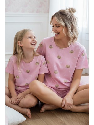 Siyah İnci Pembe Desenli Pamuklu Bisiklet Yaka Örme Şortlu Pijama Takım