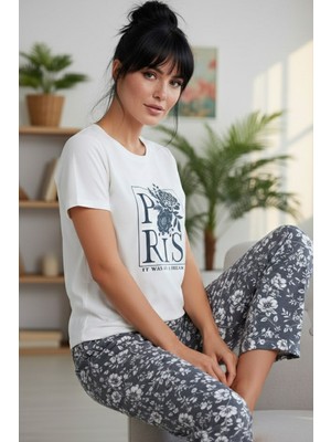 Siyah İnci Ekru Desenli Pamuklu Bisiklet Yaka Örme Pijama Takım