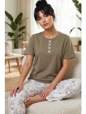 Siyah İnci Yeşil Desenli Pamuklu Bisiklet Yaka Örme Pijama Takım