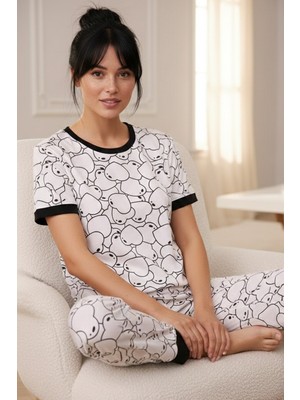 Siyah İnci Lila Desenli Pamuklu Bisiklet Yaka Örme Pijama Takım