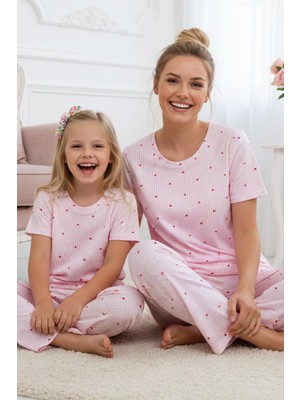 Siyah İnci Pembe Desenli Pamuklu Bisiklet Yaka Örme Pijama Takım