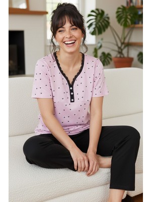 Siyah İnci Lila Desenli Pamuklu V Yaka Örme Pijama Takım