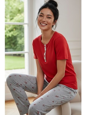 Siyah İnci Kırmızı Desenli Pamuklu Bisiklet Yaka Örme Pijama Takım
