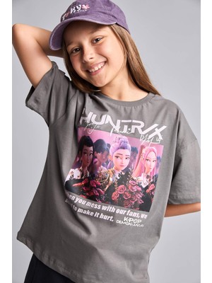 DeFacto Kpop - Demon Hunters Lisanslı Bisiklet Yaka Kısa Kollu Gri Tişört Kız Çocuk I0026A826HS