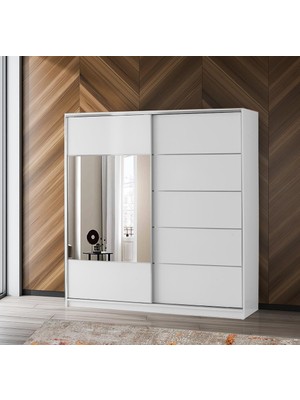 Erezoğulları Mobilya Geniş Raf Askılı Aynalı Sürgülü Gardrop 200X60X210 cm Ekru Renkli 2 Kapılı