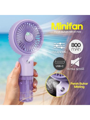 Feny FN-F50 Mor Kademeli Ultra Sessiz Buharlı Şarjlı 800MAH Mini El Fanı