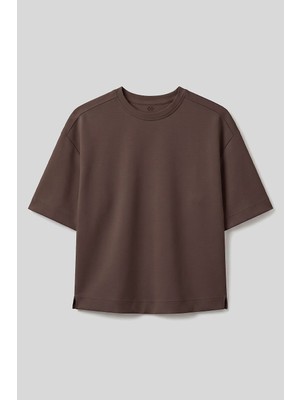 Kahverengi O Yaka Oversize Kısa Kollu Kadın T-Shirt - 97316