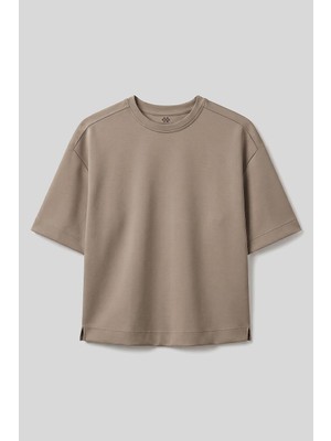 Koyu Bej O Yaka Oversize Kısa Kollu Kadın T-Shirt - 97316