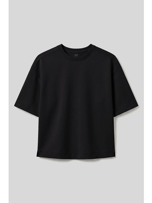 Siyah O Yaka Oversize Kısa Kollu Kadın T-Shirt - 97316