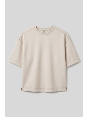 Bej O Yaka Oversize Kısa Kollu Kadın T-Shirt - 97316