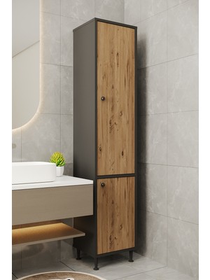 Aeka AE-2028 Soft Antrasit/atlantik Çam 2 Kapaklı Çok Amaçlı Dolap 40X180 cm Raflı Dar Yüksek Boy Banyo Çok Bölmeli Depolama Dolabı