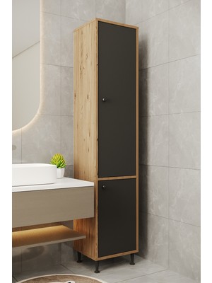 Aeka AE-2028 Soft Atlantik Çam/antrasit 2 Kapaklı Çok Amaçlı Dolap 40X180 cm Raflı Dar Yüksek Boy Banyo Çok Bölmeli Depolama Dolabı