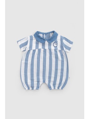 Little Gusto Organik Pamuk Müslin Bebe Yakalı Tulum Mavi Çizgili