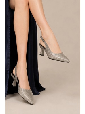Sovenso Lurezza Suni Deri Tül Detaylı Platin Sivri Burunlu Stiletto