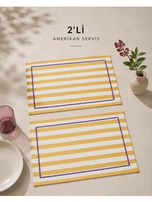 Beige & Stone Sarı Çizgili Mor Biyeli Amerikan Servisi 2'li Set 33X44 cm Sofra ve Masa Düzeni Dekoru