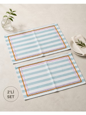 Beige & Stone Mavi Çizgili Pembe - Turuncu Biyeli Amerikan Servisi 2'li Set 33X44 cm Sofra ve Masa Düzeni Dekoru