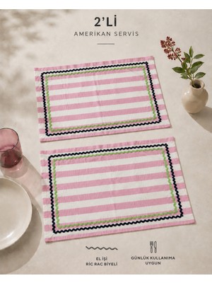 Beige & Stone Pembe Çizgili Açık Yeşil - Lacivert Biyeli Amerikan Servisi 2'li Set 33X44 cm Sofra ve Masa Düzeni Dekoru