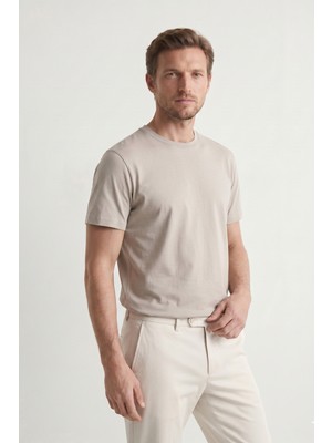 elemge Pamuk Likra Vücuda Oturan Magic Fit Bej Erkek Basic T-Shirt Compact Penye Kısa Kol Esnek Tişört Elastan