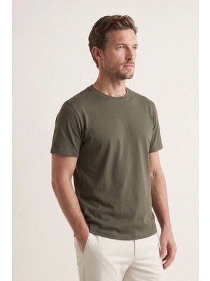 elemge Pamuk Likra Vücuda Oturan Magic Fit Haki Erkek Basic T-Shirt Compact Penye Kısa Kol Esnek Tişört Elastan