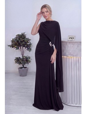 thezkscom Kadın Abiye Elbise Drapeli Tek Omuz Pelerinli Maxi Kahverengi, Siyah