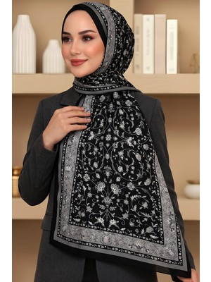 Hadiora Kadın Siyah Açık Gri Çiçek Desenli Soft Şal