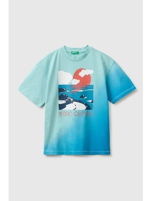 United Colors Of Benetton Erkek Çocuk Turkuaz Mix Önü Baskı Detaylı Bisiklet Yaka T-Shirt 6-14 Yaş