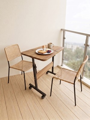 servetavcı Yükseklik Ayarlı - Dar Balkonlar Için Kahvaltı Sehpası - Atlantik Çam (Tekerli) 60X40 Oval Kenar