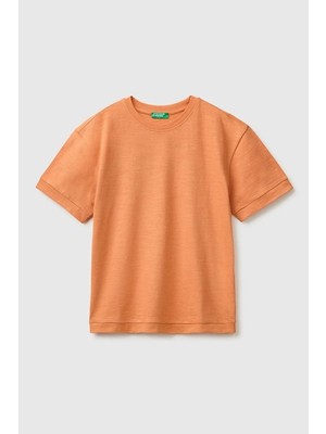 United Colors Of Benetton Erkek Çocuk Turuncu Arkası Baskı Detaylı Bisiklet Yaka T-Shirt 6-14 Yaş