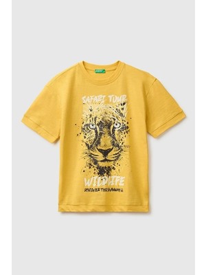 United Colors Of Benetton Erkek Çocuk Hardal Sarısı Önü Baskı Detaylı Bisiklet Yaka T-Shirt 6-14 Yaş