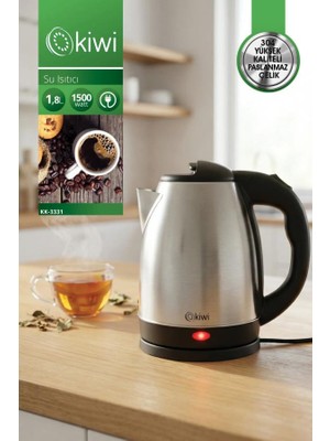Kiwi KK-3331 Su Isıtıcı Kettle | 1500W & 1.8 L Paslanmaz Çelik & 360 Kablosuz Kullanım & Otomatik Kapak