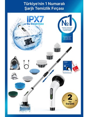 Prohane Şarjlı Ve Elektrikli Temizlik Fırçası | Turbo Dönüş Teknolojisi | IPX7 Su Geçirmez | 7 Başlık Dahil | Mutfak, Banyo