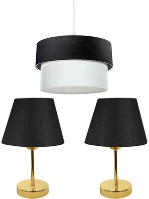 Vivense Evlight 3'lü Set Avize ve Komodin Üstü Gold Abajur / Siyah