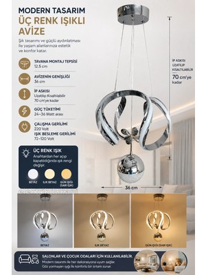 Dmr 1 Toplu Ahtapot Sarkıt LED Avize Krom Geniş Şerit Kasa Üç Renk 6500K/4000K/3000K (Beyaz /ılık Beyaz/sarı (Günışığı))