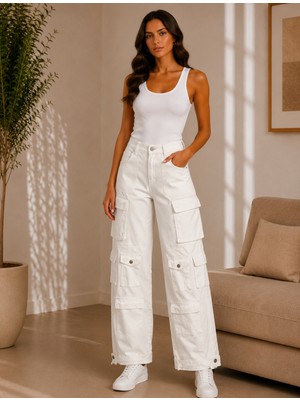 Cns Woman It's Basic Simli Dokulu Beyaz Kargo Jean Pantolon