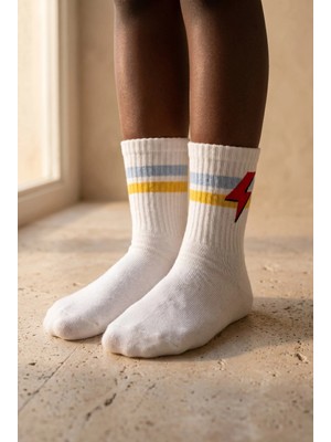 Bony Socks Çocuk Şimşek Desenli Ekru Soket Çorap