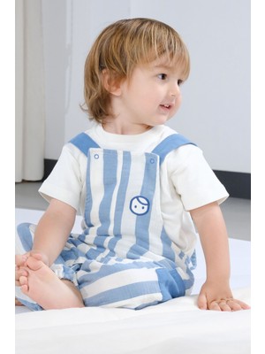 Little Gusto Organik Pamuk Müslin Bebek Salopet Mavi Çizgili