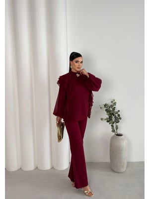 SASILVA Fırfır Detaylı Şifon Bluz Pantolon Takım  9035