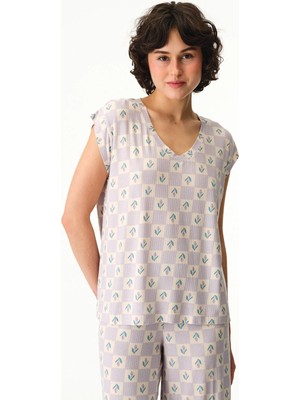 Penti Lila Ella Desenli Tişört Pijama Üstü