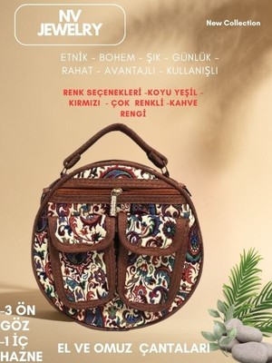NV JEWELRY Yuvarlak Bohem Desenli  Kahve Rengi Çanta