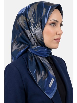 Hadiora Kadın Lacivert Gri Yaprak Desen Organik Pamuk Soft Eşarp