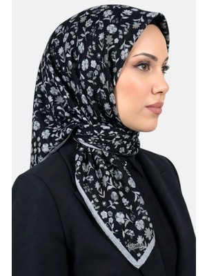 Hadiora Kadın Siyah Gri Çiçekli Organik Pamuk Soft Eşarp