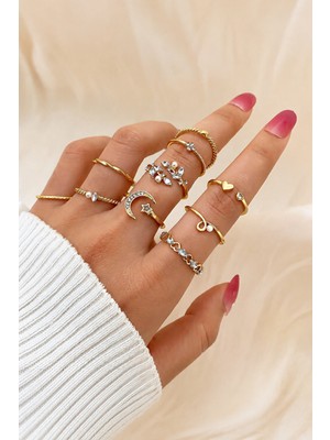 Trend Collection Kadın Gold Renk 10’lu Yüzük Seti Zirkon Taşlı Altın Kaplama Detaylı